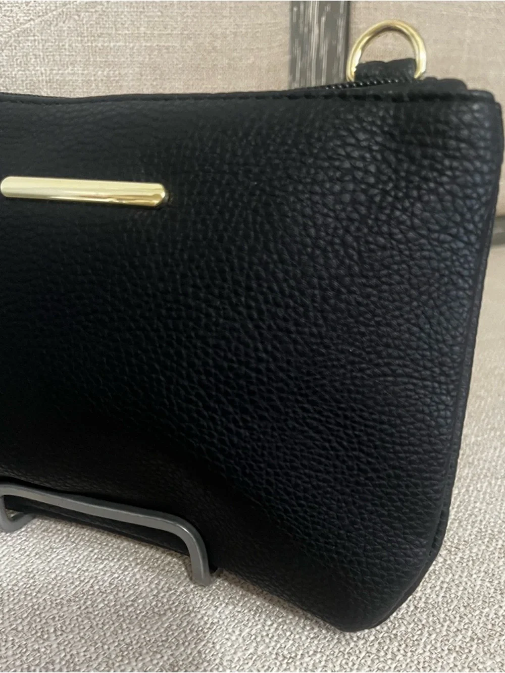 Black Pebbled Leather Wristlet Clutch with Gold Accent